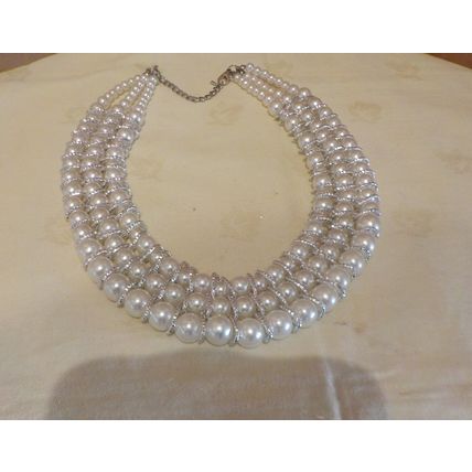 3 Strand Faux Pearl & Silver Metal Costume Jewellery Looped Necklace