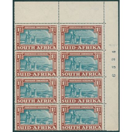 South Africa 1938 1½d. greenish blue & brown Voortrekker SG81 MNH block x8