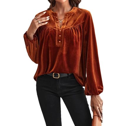 Gold Flame Lantern Sleeve Beaded Split V Neck Velvet Top