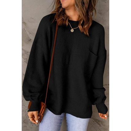 Black Solid Color Puffy Sleeve Pocketed Sweater