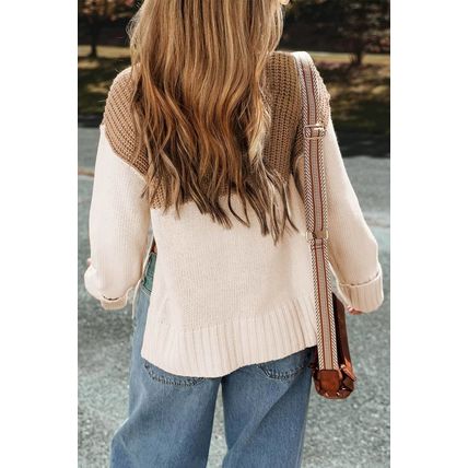Parchment Cable Knit Color Block Side Splits High Neck Sweater