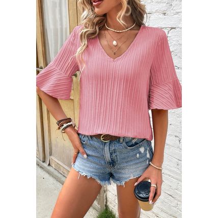 Peach Blossom Ruffled Half Sleeve V Neck Textured Top