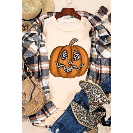 Khaki Halloween Leopard Pumpkin Print T Shirt