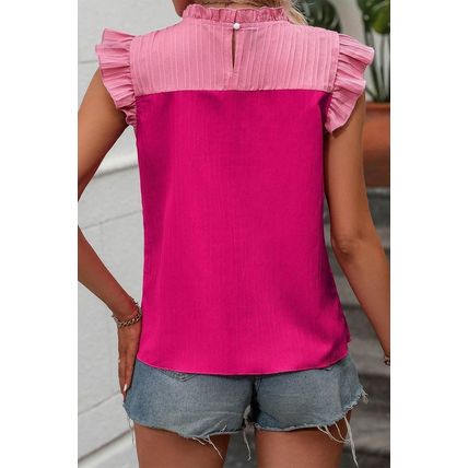 Rose Red Two Tone Ruffled Flutter Sleeve Blouse