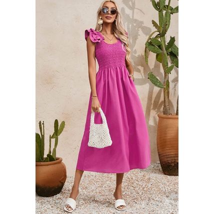 Rose Red Solid Color Ruffled Straps Smocked Ruched Maxi Dress