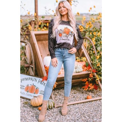 Black Leopard Bleached Pumpkin Graphic Long Sleeve Top