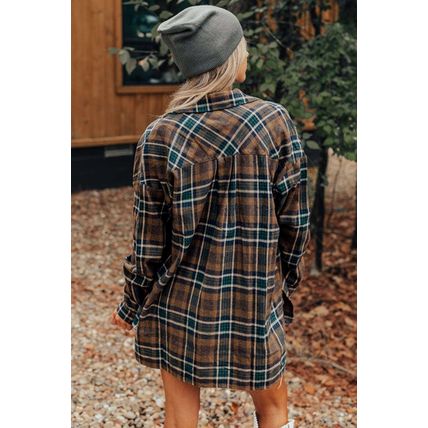 Brown Plaid Print Chest Pockets Buttoned Shirt Jacket