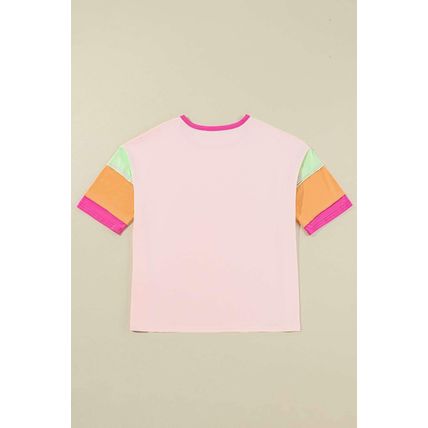 Pink Color Block Stitching Sleeve Round Neck Oversize Top
