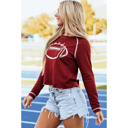 Red Game Day Rugby Football Graphic Thermal Knit Top