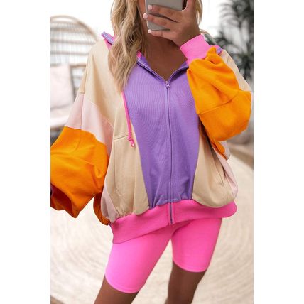 Grapefruit Orange Oversized Colorblock Patchwork Full Zipped Hoodie