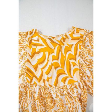 Orange Bohemian Print Puff Sleeve Tied V Neck Flared Mini Dress