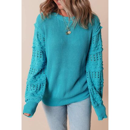 Turquoise Ruffled Eyelet Bubble Sleeve Sweater