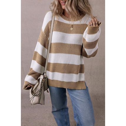 Light French Beige Colorblock Striped Drop Shoulder Side Slit Sweater