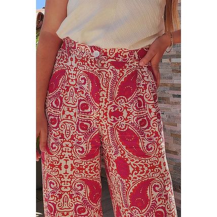 Red Paisley Printed Buttoned High Waist Straight Leg Pants