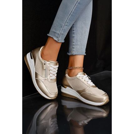Gold PU Leather Patchwork Zipper Lace-up Sneakers