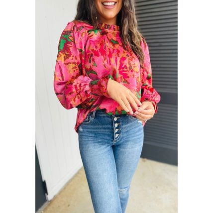 Rose Abstract Print Frilly Neckline Puff Sleeve Blouse