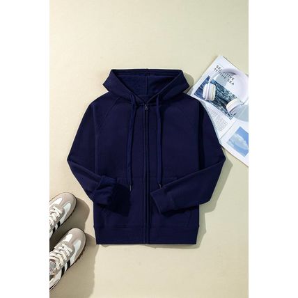 Navy Blue Solid Color Fleece Lined Zip up Hoodie