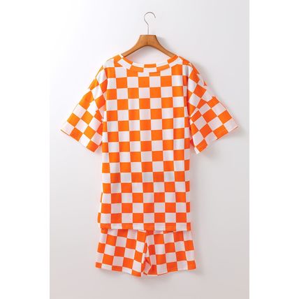 Orange Checkerboard Print V Neck Loose Tee and Shorts Lounge Set
