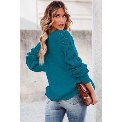 Blue-3 Hollow-out Puffy Sleeve Knit Sweater
