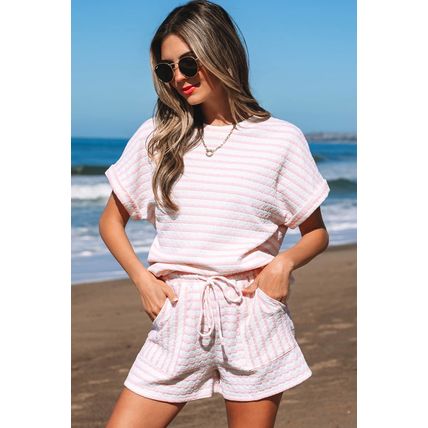 Pink Stripe Knitted Short Sleeve Top and Drawstring Shorts Set