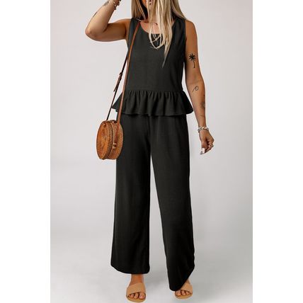 Black Solid Color Ribbed Ruffle Tank Top and Pants Set