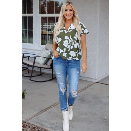 Green Floral Print Split Neck Short Sleeve Blouse