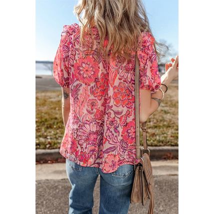 Red Floral Print Ruffled Puff Short Sleeve Blouse