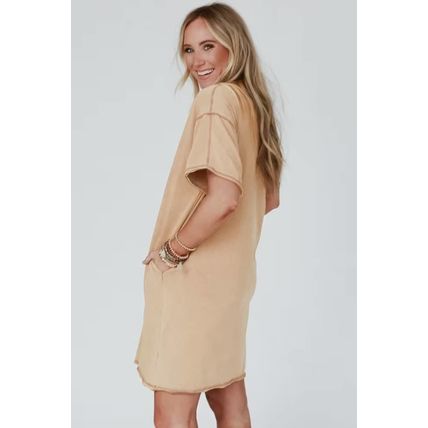 Pale Khaki Mineral Wash Stud Beaded Star Graphic Pocketed T Shirt Dress