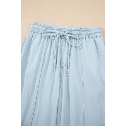 Beau Blue Light Wash Contrast Trim Center Seam Drawstring High Waist Wide Leg De