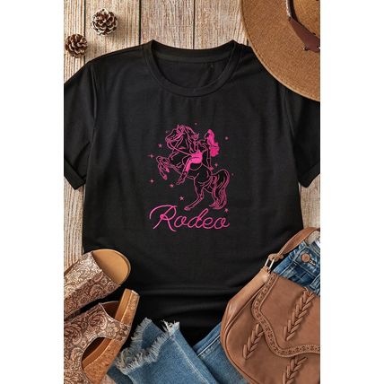 Black Cowgirl Rodeo Embroidered Pattern Western Fashion Tee