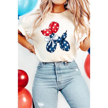 White American Flag Inspired Balloon Dog Graphic Cotton Blend T Shirt