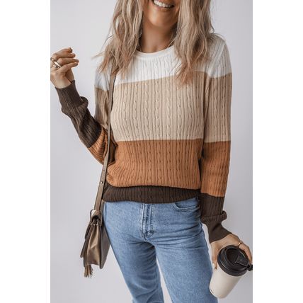 Khaki Colorblock Cable Knit Round Neck Sweater