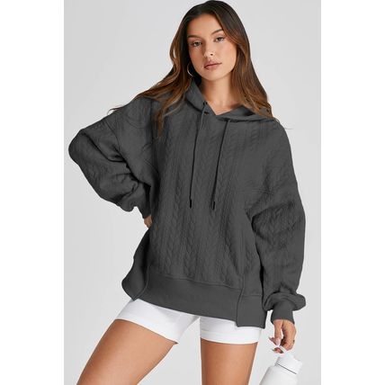 Gray Cable Textured Baggy Solid Hoodie