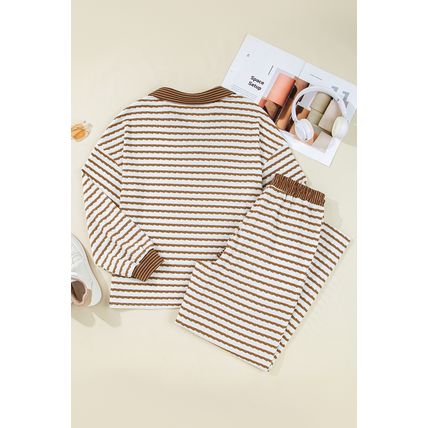 Khaki Stripe Collared Pullover Top and Drawstring Pant Set