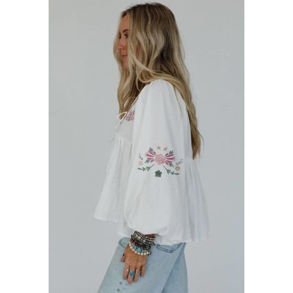 White Flower Lace-up V Neck Babydoll Blouse