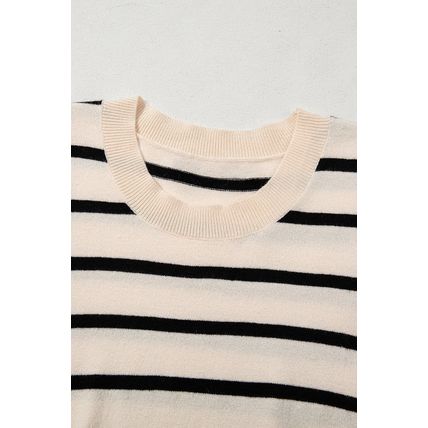 Black Stripe Ribbed Trim Round Neck Bubble Sleeve Knitted Top