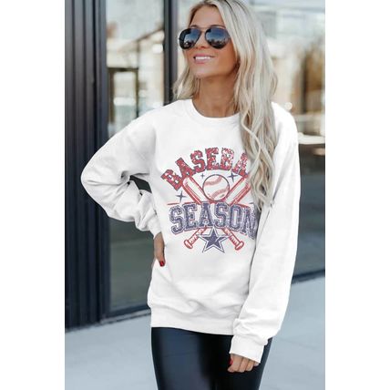 White BASEBALL SEASON Vintage Print Graphic Sweatshirt