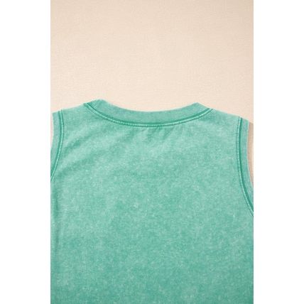 Sea Green Mineral Wash Patched Chest Pocket Casual Tank Top