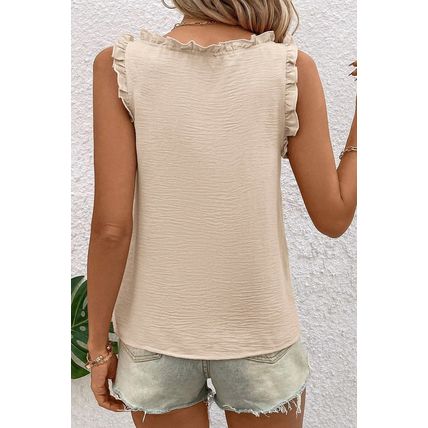 Parchment Textured Frilly Trim V Neck Sleeveless Top