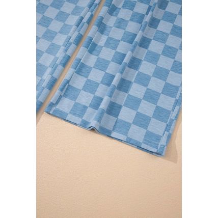 Sky Blue Checkered Elastic High Waist Loose Casual Pants