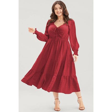 Fiery Red Lace-up Ruched Front Long Sleeve Ruffle Hem Plus Size Midi Dress