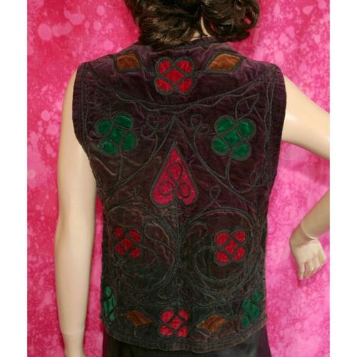 Vintage 1960 1970 Velvet Waistcoat Size 12 14 Emerald Gold Red Hippy