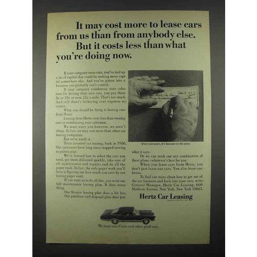 1967 Hertz Car Leasing Ad - Cost More to Lease Cars