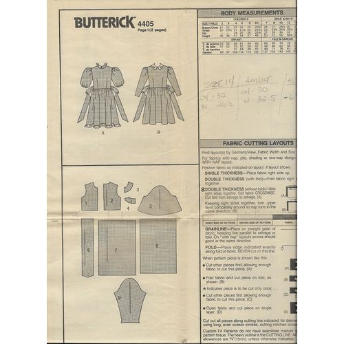 Butterick 4405 Sewing Pattern Girls Dress Size 12 14 Used Ca. 1989