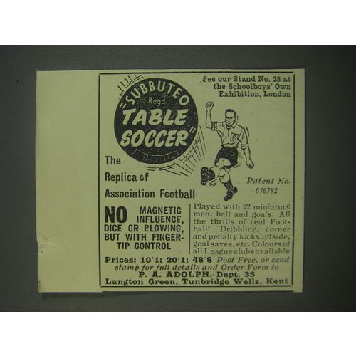 1954 P.A. Adolph Subbuteo Table Soccer Ad - The replica of Association Football