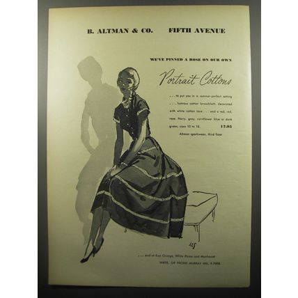 1950 B. Altman & Co. Dress Ad - We've pinned a rose on our own portrait cottons