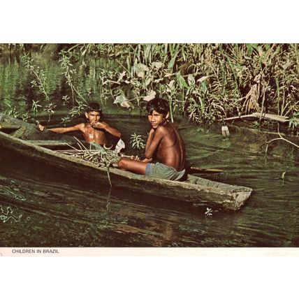 Children In Brazil Canoe Boat 1980s Oxfam Postcard