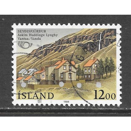 ICELAND 1986 SEYDISFJORDUR VILLAGE VIEW WATERFALL TREES HOUSES USED