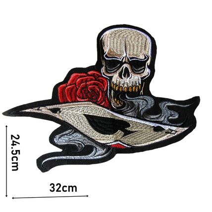 Large Skull Ace and Rose Embroidered Iron On Patch 24.5cm x 32cm Rock Goth P337