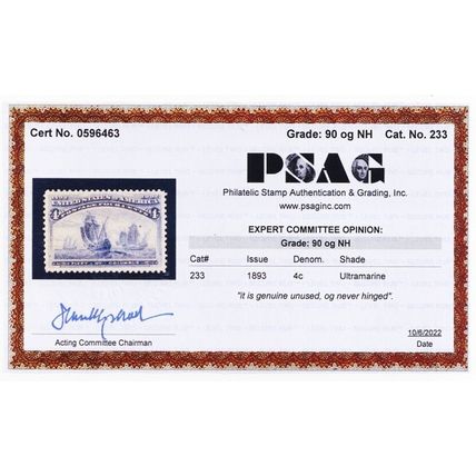 233, Mint XF NH 4¢ - With Graded 90 PSAG Certificate - Stuart Katz